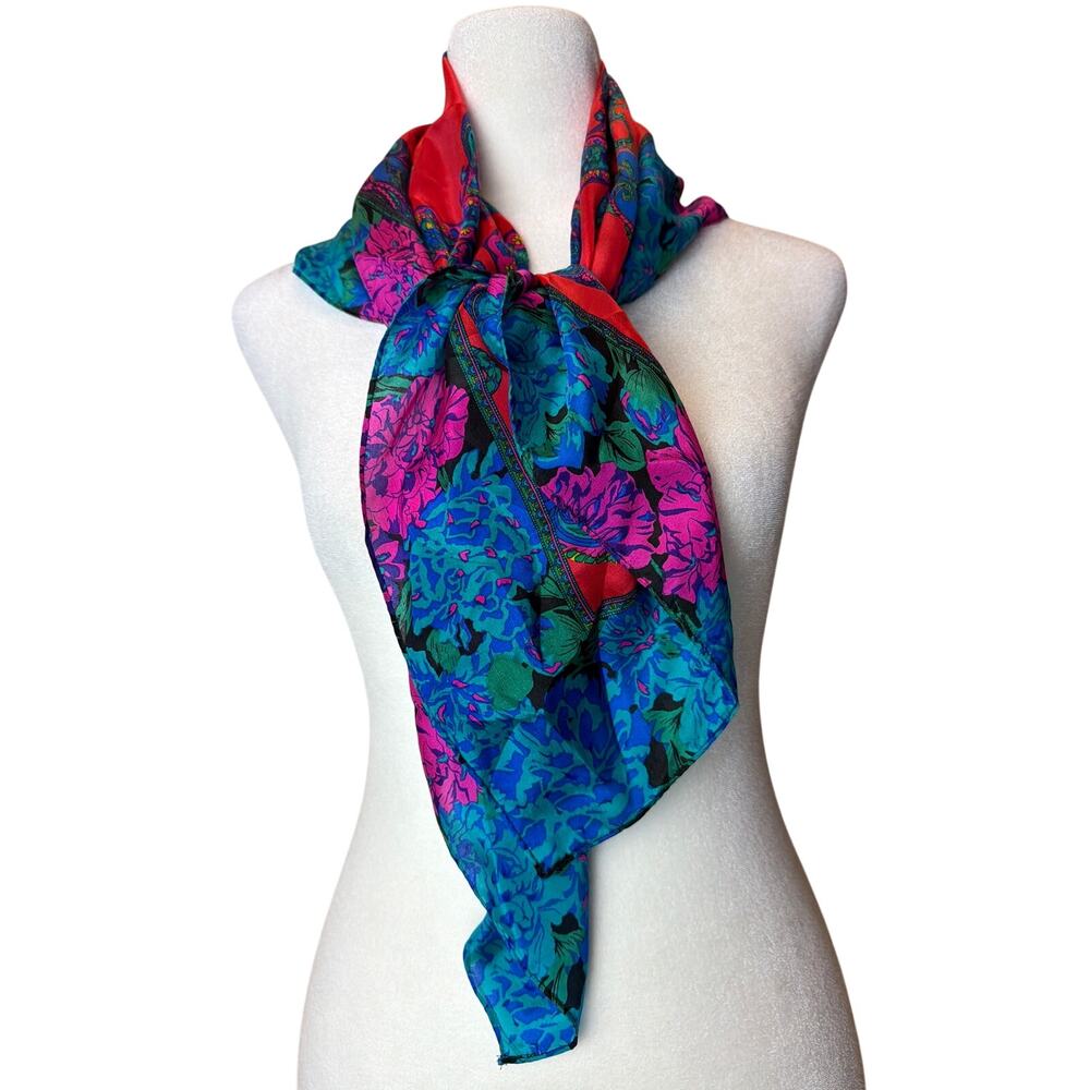 Morgan Taylor 100% Silk Scarf Red Blue Floral Paisley Square Made in Japan 31x31